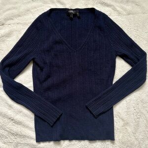 THEORY Rib-Knit Wool-Blend V-Neck Top, Navy Blue, Size M, Like New